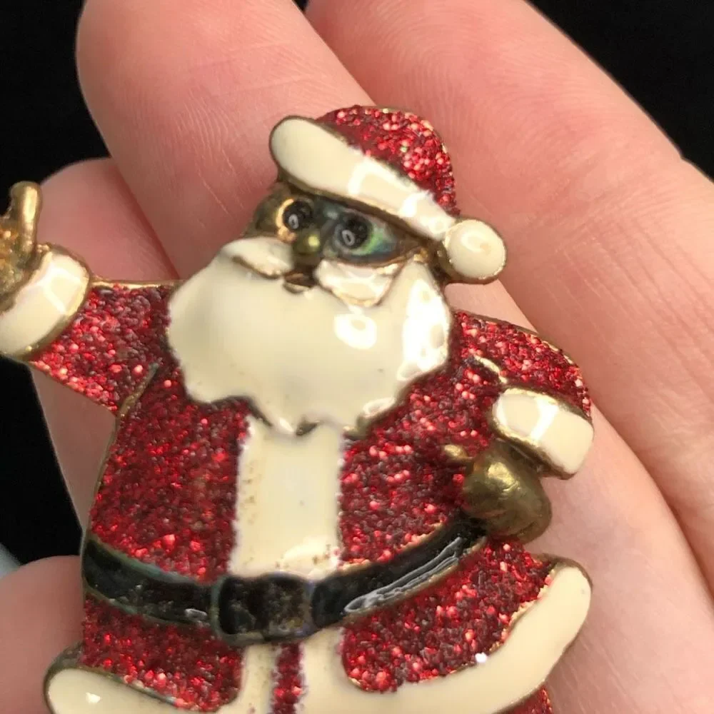 santa pin red‎ glitter enamel festive fun santa hoilday vintage christmas